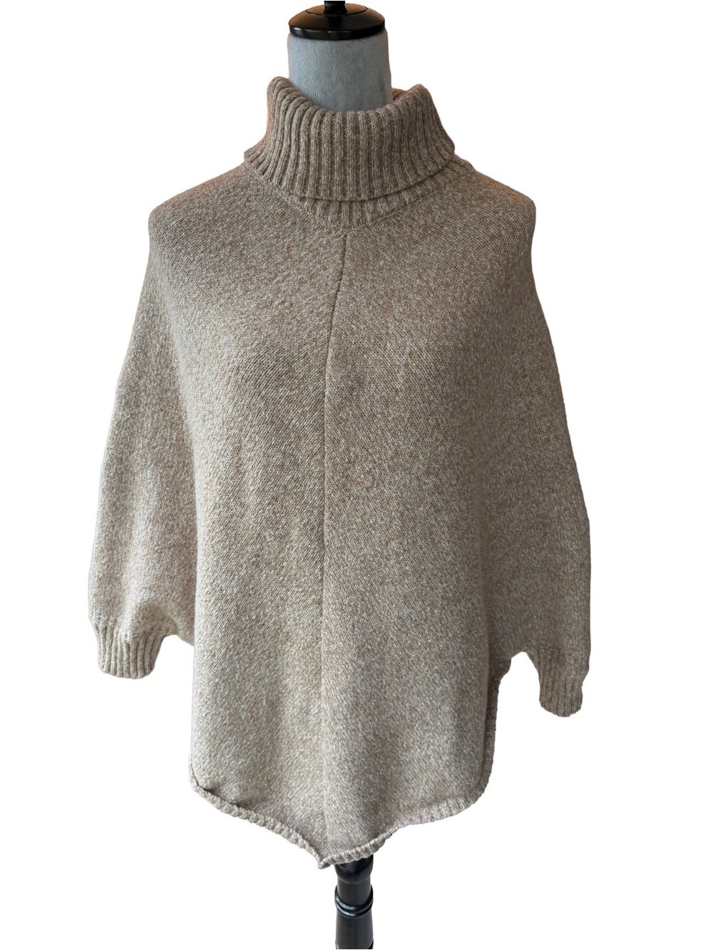 Cozy Marled Knit Turtleneck Poncho Sweater Beige Heathered Cape Pullover OS